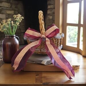 Wicker Basket with Burgundy and Gold Ribbon